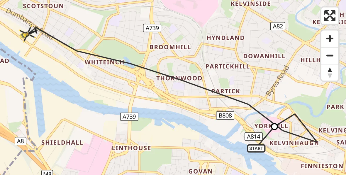 Flight path map showing Police Helicopter route from Glasgow City Heliport to Glasgow