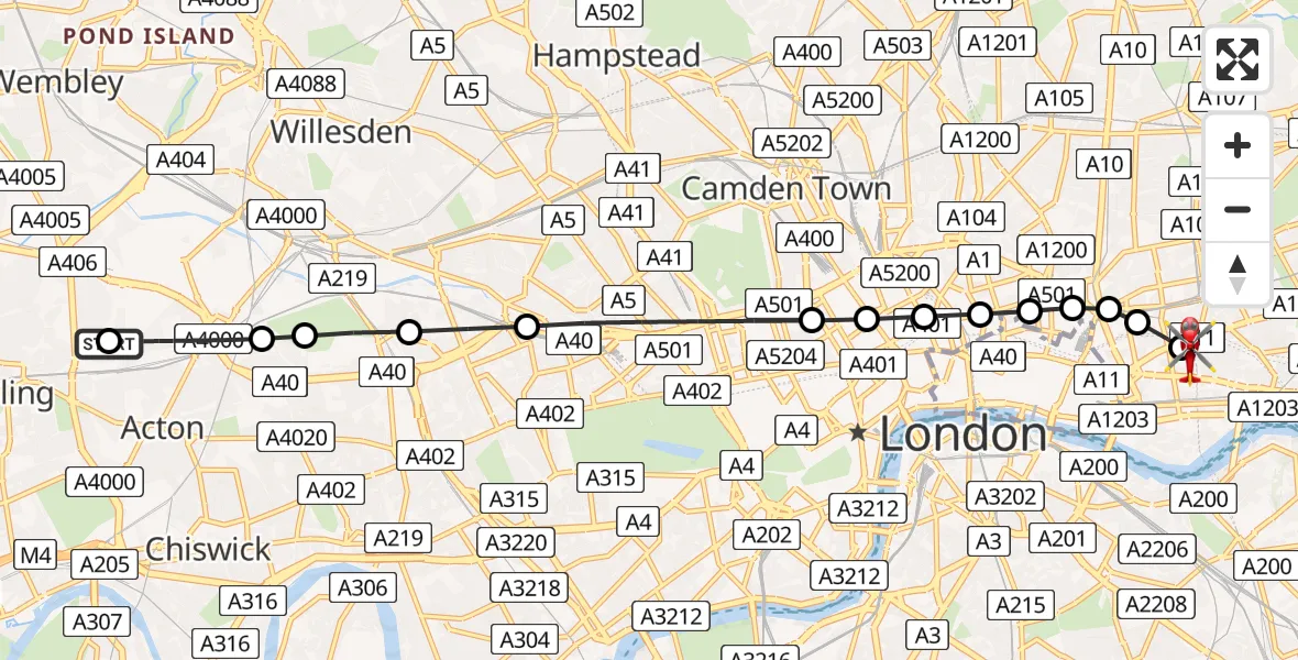 Flight path map showing Air Ambulance Helicopter route from Park Royal to Royal London Hospital