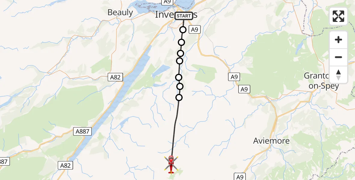 Flight path map showing Air Ambulance Helicopter route from Inverness to Highland