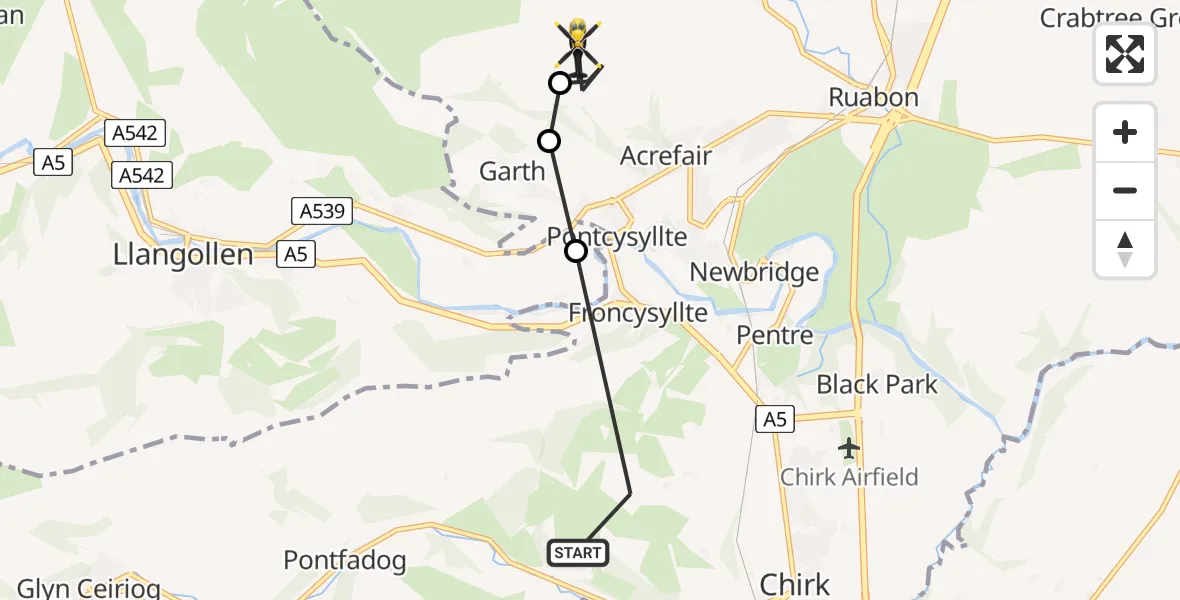 Flight path map showing Police Helicopter route from Chirk to Garth