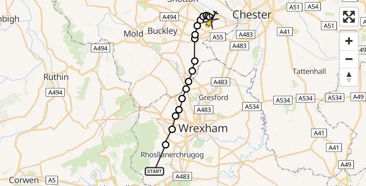 Flight path map showing Police Helicopter route from Garth to Hawarden Airport