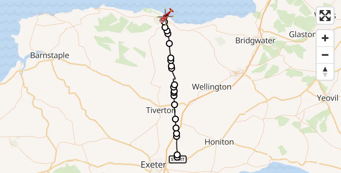 Flight path map showing Air Ambulance Helicopter route from Clyst Honiton to Minehead
