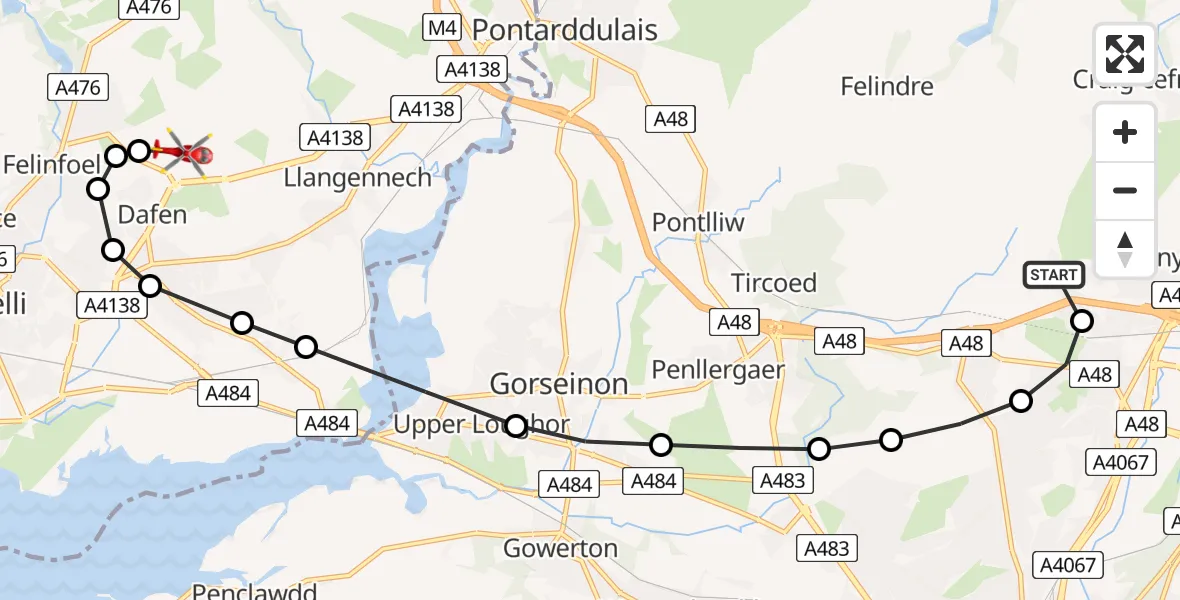Flight path map showing Air Ambulance Helicopter route from Morriston Hospital Helipad to Dafen