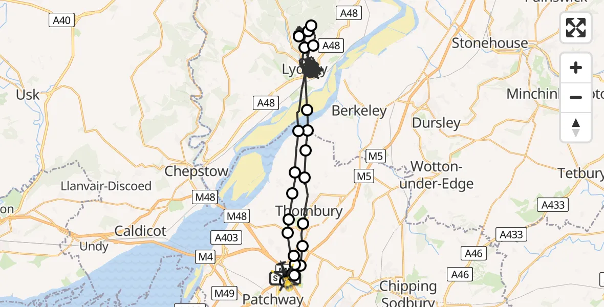 Flight path map showing Police Helicopter route from Almondsbury Helicopter Base to Almondsbury Helicopter Base