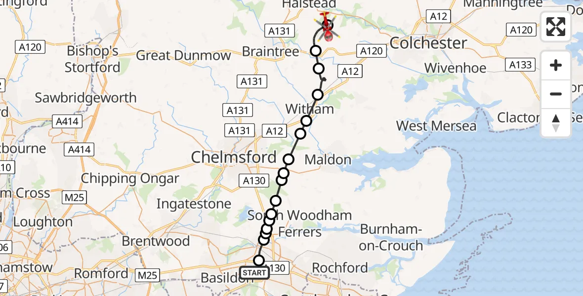 Flight path map showing Air Ambulance Helicopter route from Basildon to Earls Colne Airfield