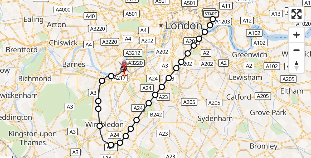 Flight path map showing Air Ambulance Helicopter route from Royal London Hospital to London Heliport