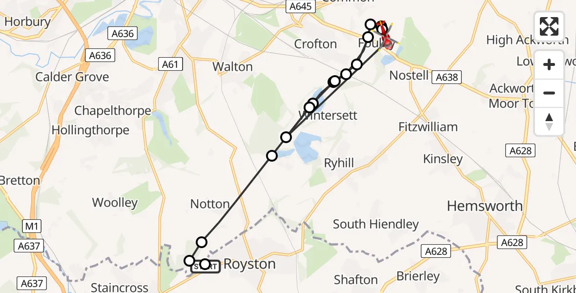 Flight path map showing Air Ambulance Helicopter route from Royston to YAA Nostell Helicopter Port