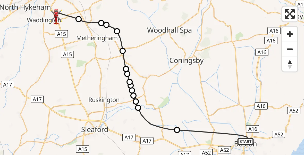Flight path map showing Air Ambulance Helicopter route from Boston to North Kesteven