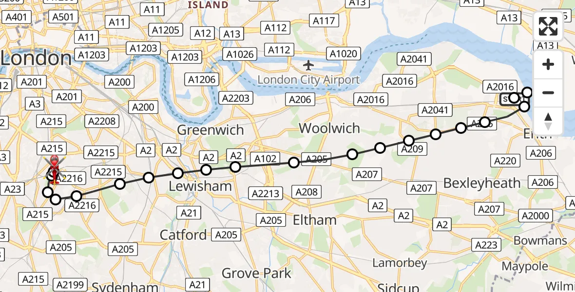 Flight path map showing Air Ambulance Helicopter route from Northumberland Heath to Kings College London Hospital