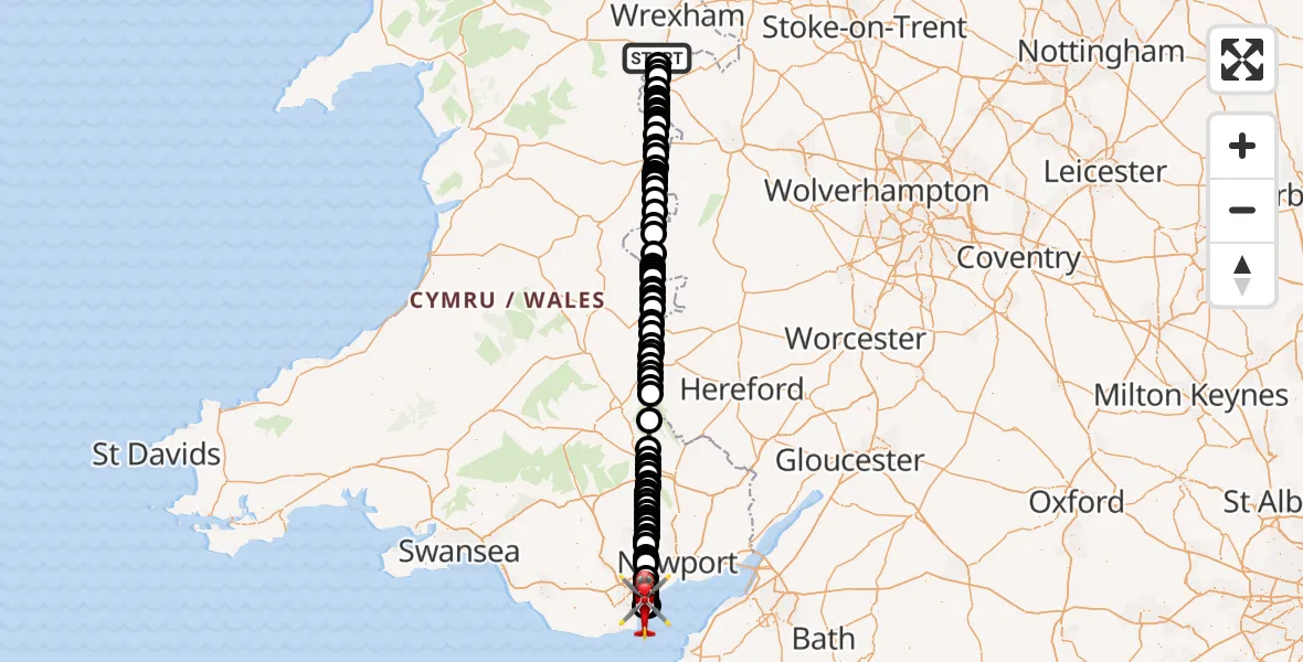 Flight path map showing Air Ambulance Helicopter route from Chirk to Cardiff Heliport