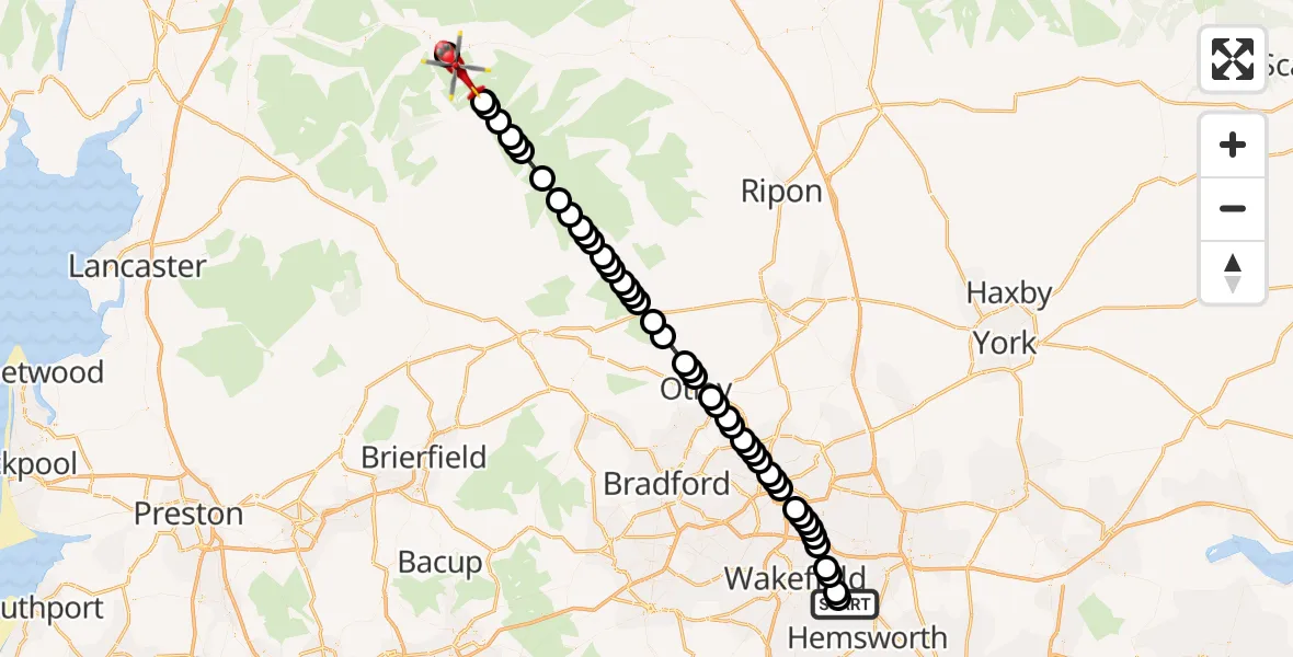 Flight path map showing Air Ambulance Helicopter route from YAA Nostell Helicopter Port to Bainbridge