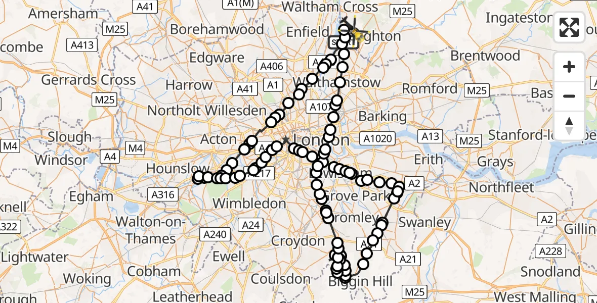 Flight path map showing Police Helicopter route from Chingford to Metropolitan Police Air Support Unit Lippitts Hill