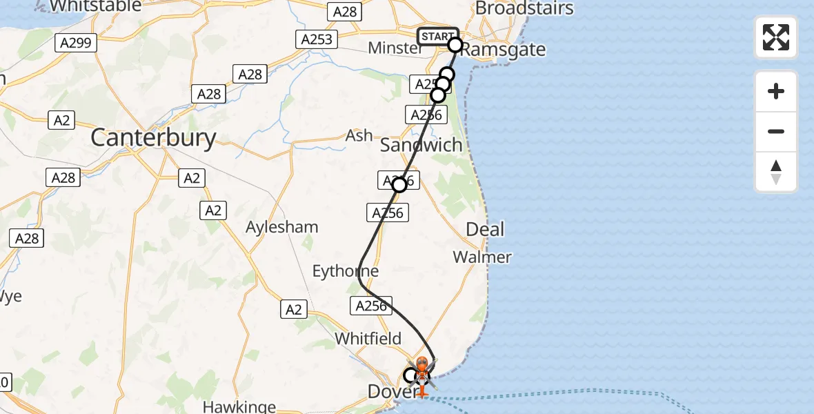 Flight path map showing Coastguard Helicopter route from Manston Airport to Langdon Battery Heliport