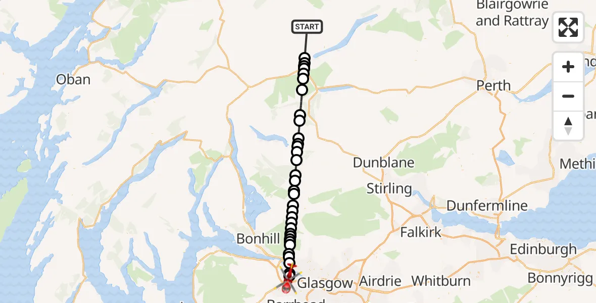 Flight path map showing Air Ambulance Helicopter route from Perth and Kinross to Glasgow Airport