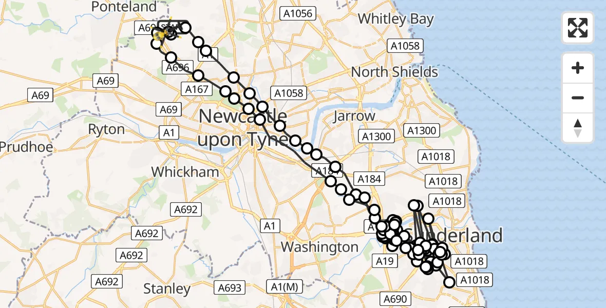 Flight path map showing Police Helicopter route from Newcastle International Airport to Newcastle International Airport