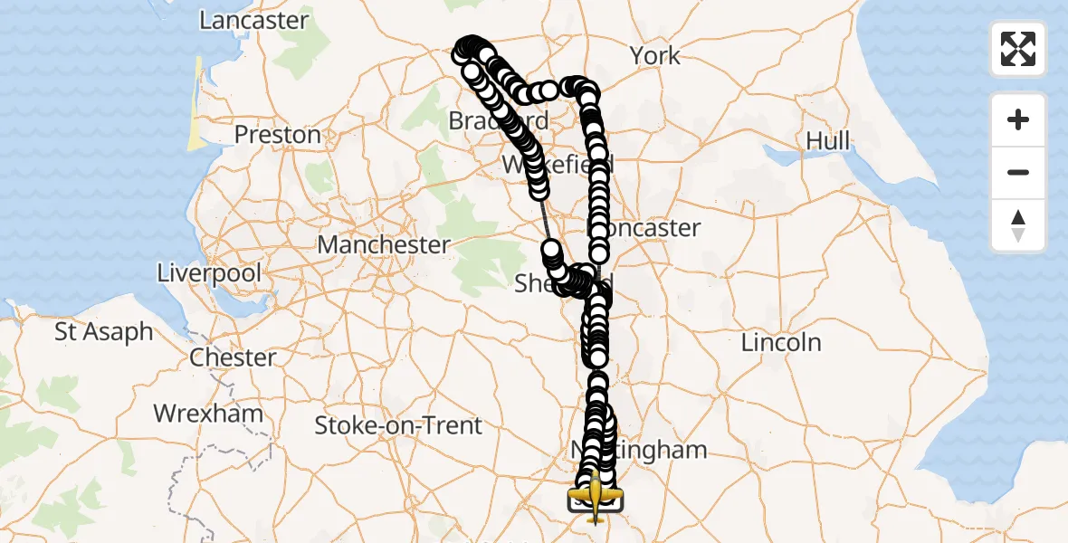 Flight path map showing Police Aircraft route from East Midlands Airport to East Midlands Airport