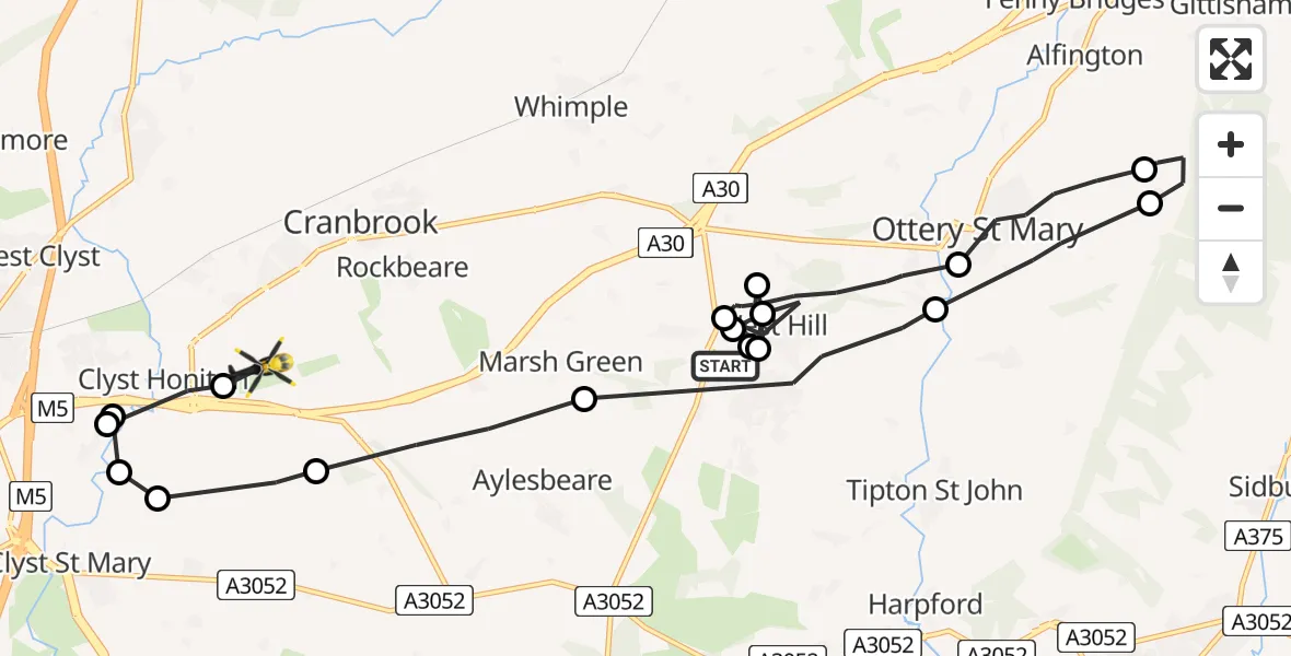 Flight path map showing Police Helicopter route from West Hill to Exeter International Airport