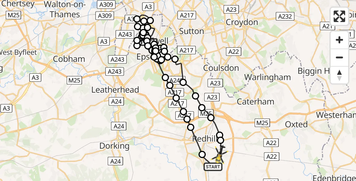 Flight path map showing Police Helicopter route from Salfords to South Nutfield