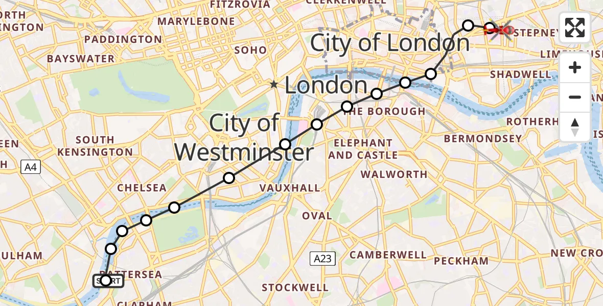 Flight path map showing Air Ambulance Helicopter route from London Heliport to Royal London Hospital