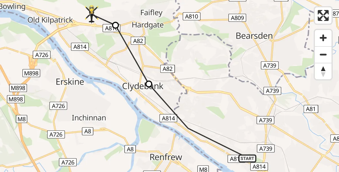 Flight path map showing Police Helicopter route from Glasgow to Duntocher