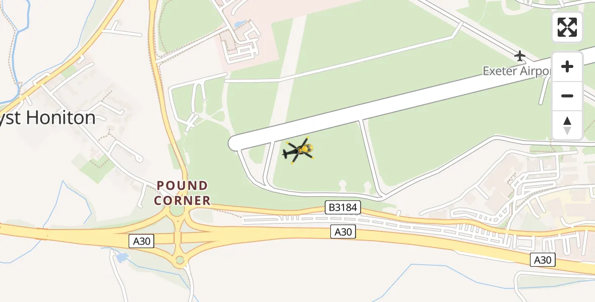 Flight path map showing Police Helicopter route from Exeter International Airport to Exeter International Airport