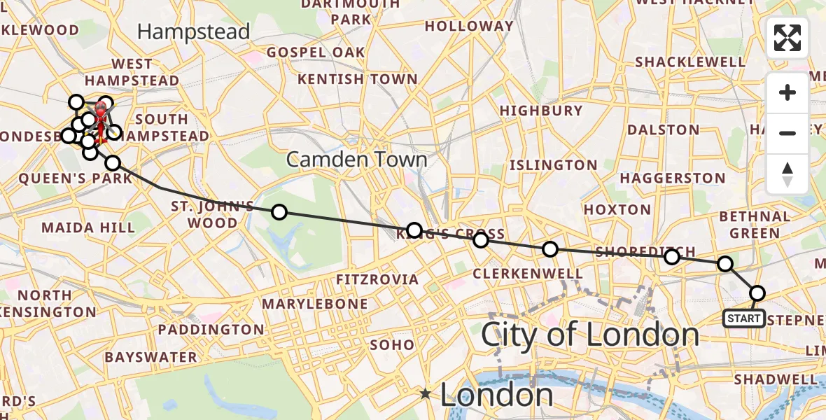 Flight path map showing Air Ambulance Helicopter route from Royal London Hospital to South Hampstead