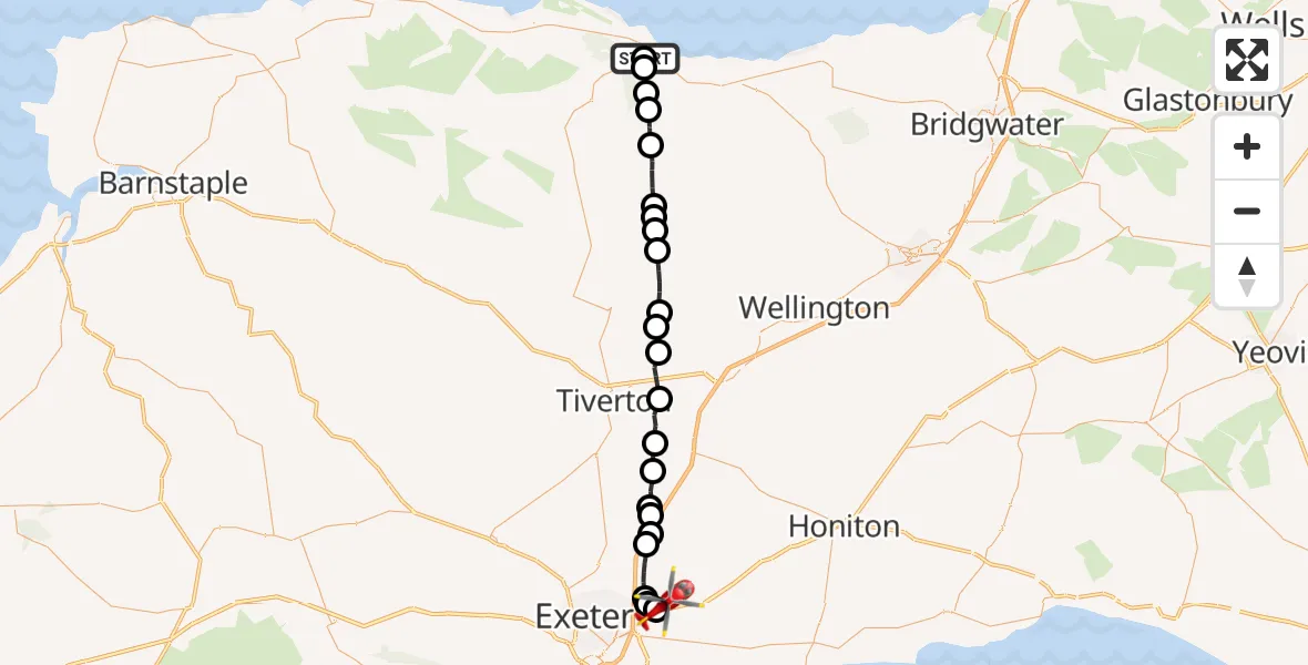 Flight path map showing Air Ambulance Helicopter route from Minehead to Exeter International Airport