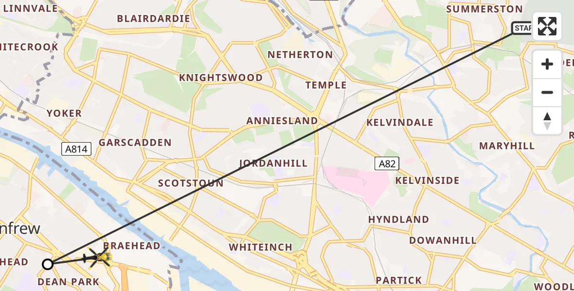 Flight path map showing Police Helicopter route from Glasgow to Renfrew