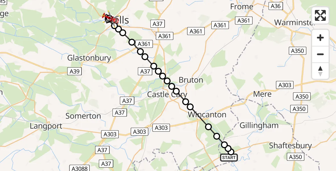 Flight path map showing Air Ambulance Helicopter route from Henstridge Airfield to Wells