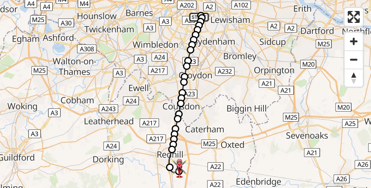 Flight path map showing Air Ambulance Helicopter route from Kings College London Hospital to Redhill Aerodrome