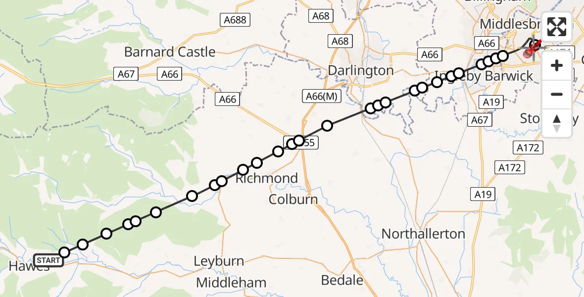 Flight path map showing Air Ambulance Helicopter route from High Abbotside to James Cook University Hospital