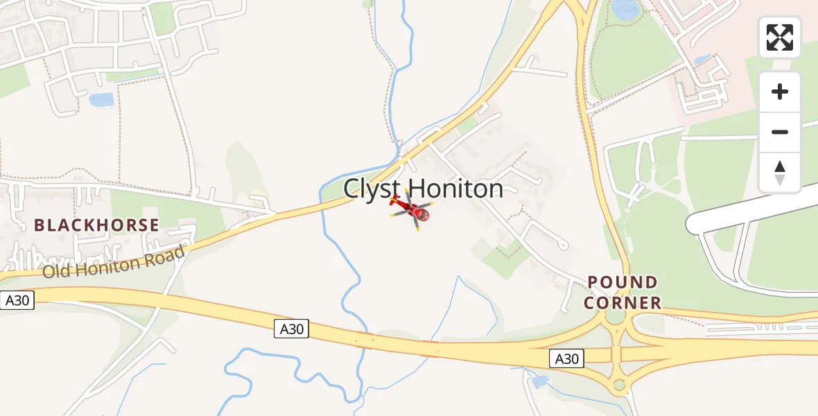 Flight path map showing Air Ambulance Helicopter route from Clyst Honiton to Clyst Honiton