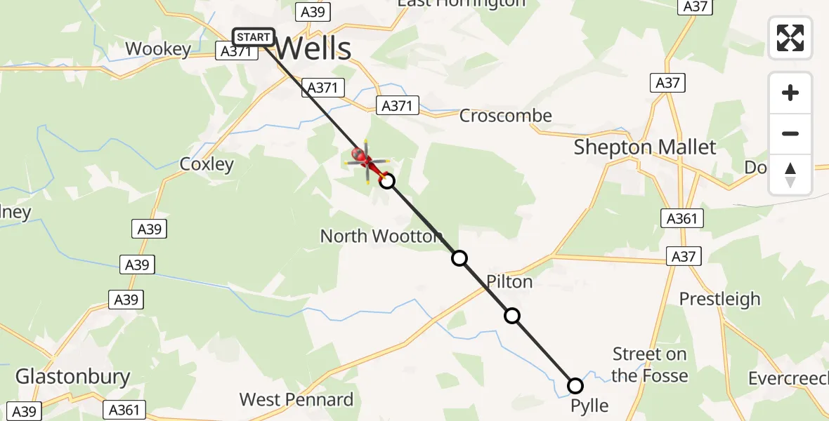 Flight path map showing Air Ambulance Helicopter route from Wells to Dinder