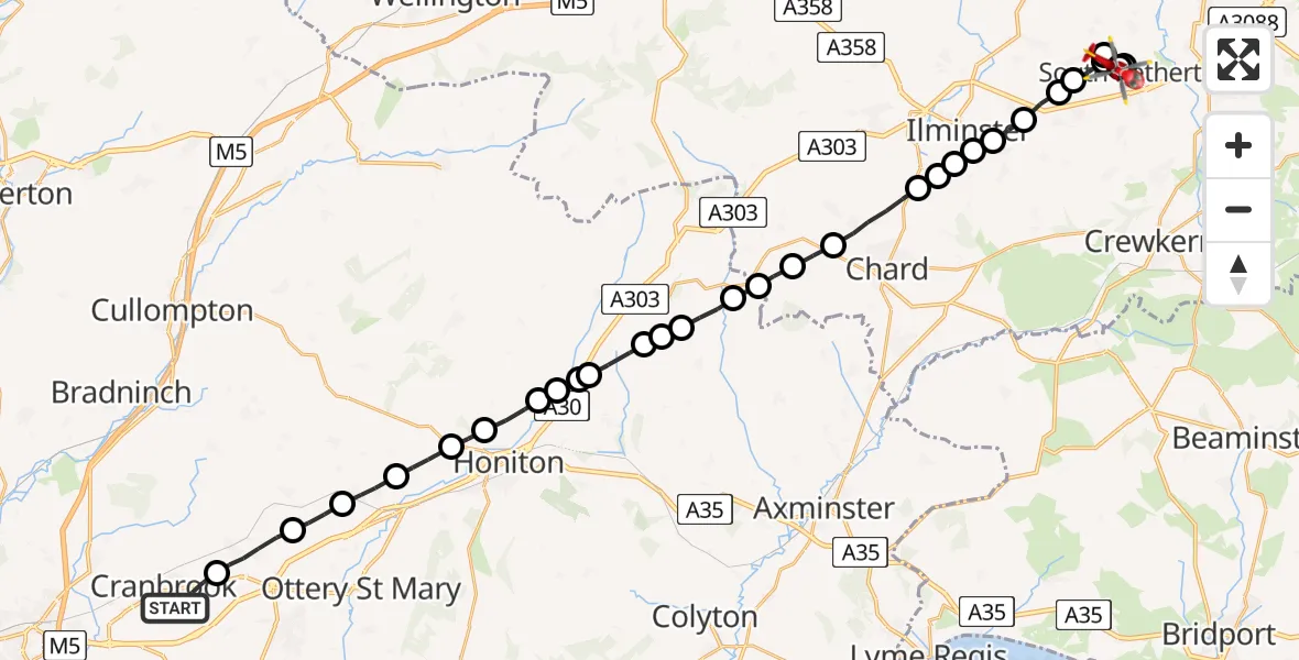 Flight path map showing Air Ambulance Helicopter route from Rockbeare to Over Stratton