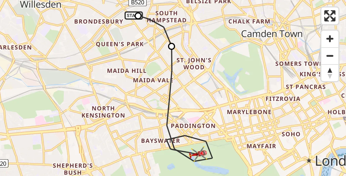 Flight path map showing Air Ambulance Helicopter route from Kilburn to City of Westminster