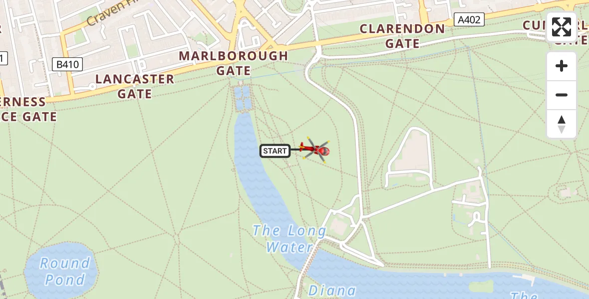 Flight path map showing Air Ambulance Helicopter route from City of Westminster to City of Westminster
