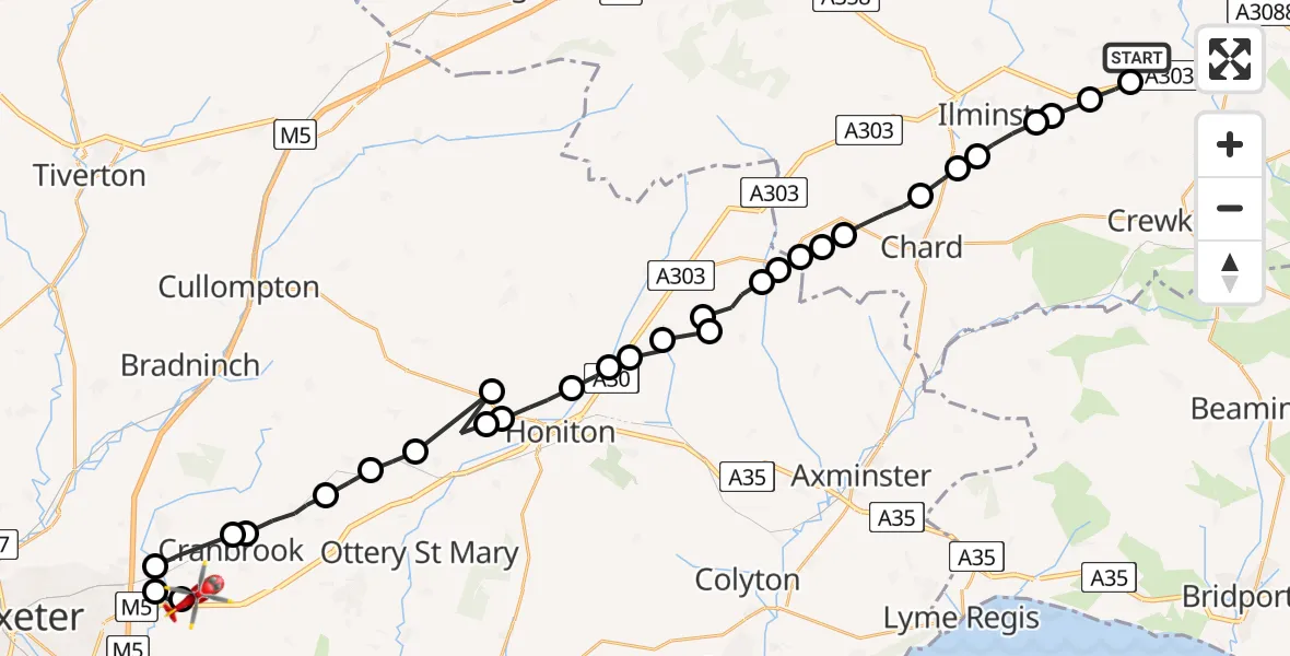 Flight path map showing Air Ambulance Helicopter route from South Petherton to Exeter International Airport