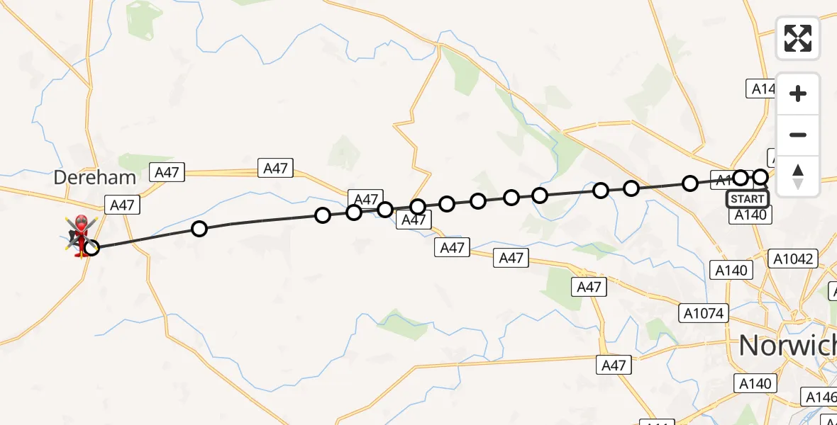 Flight path map showing Air Ambulance Helicopter route from Norwich Airport to Breckland
