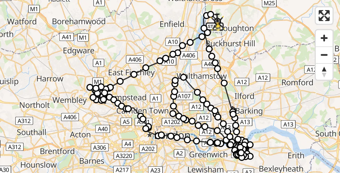 Flight path map showing Police Helicopter route from Sewardstonebury to Sewardstonebury