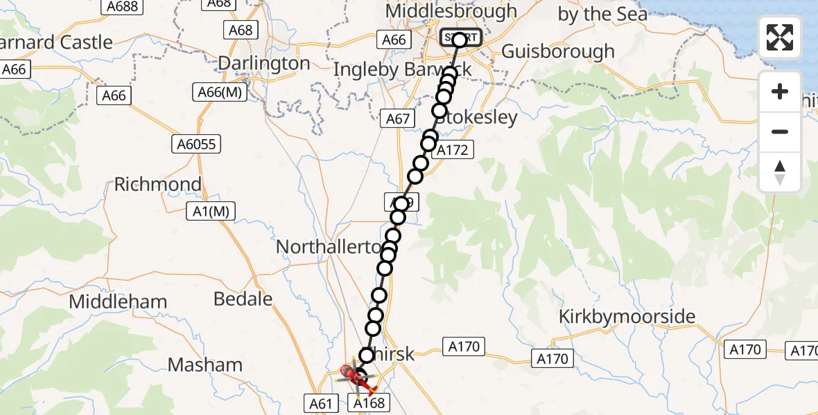 Flight path map showing Air Ambulance Helicopter route from James Cook University Hospital to RAF Topcliffe