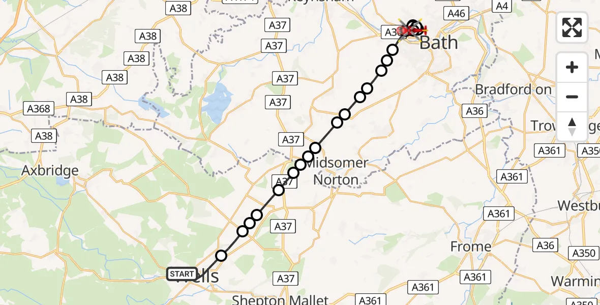 Flight path map showing Air Ambulance Helicopter route from Wells to Royal United Hospital Bath