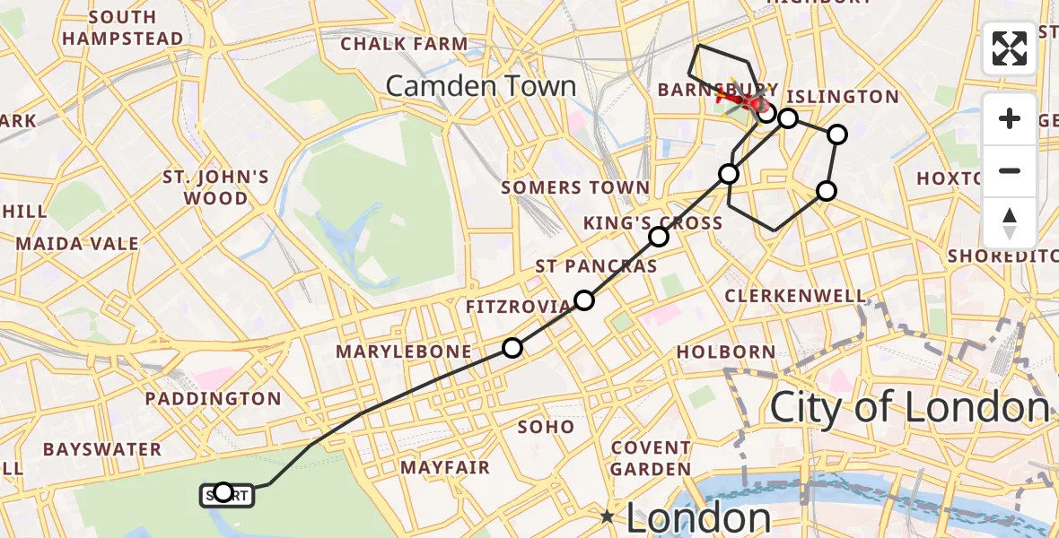 Flight path map showing Air Ambulance Helicopter route from City of Westminster to Barnsbury