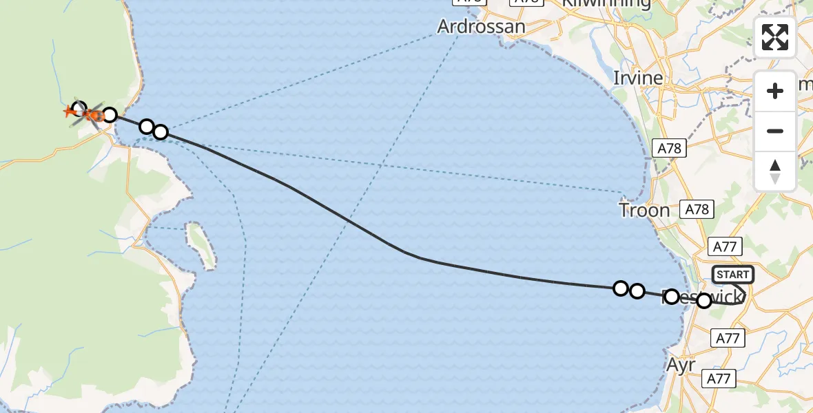 Flight path map showing Coastguard Helicopter route from Glasgow Prestwick Airport to Glenrosa