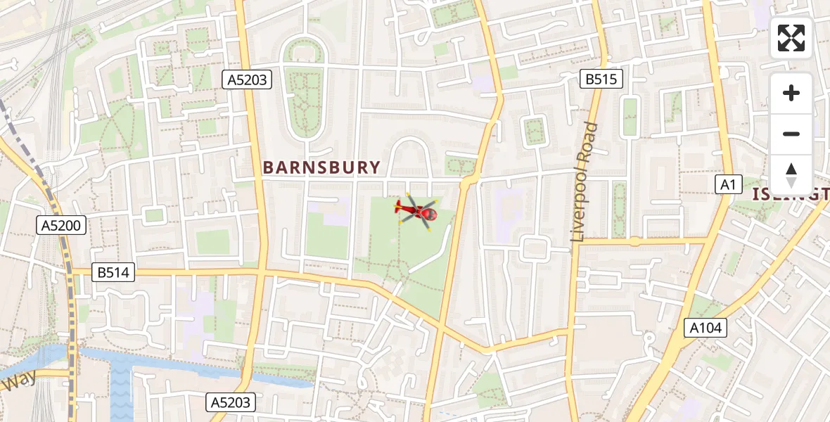 Flight path map showing Air Ambulance Helicopter route from Barnsbury to Barnsbury