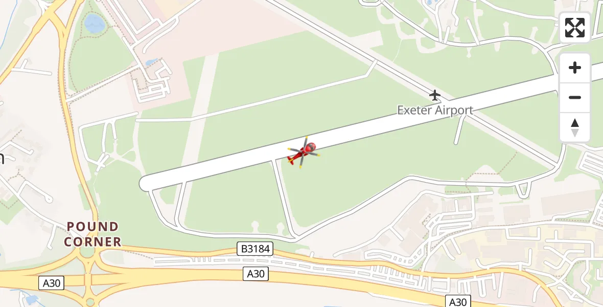 Flight path map showing Air Ambulance Helicopter route from Exeter International Airport to Exeter International Airport