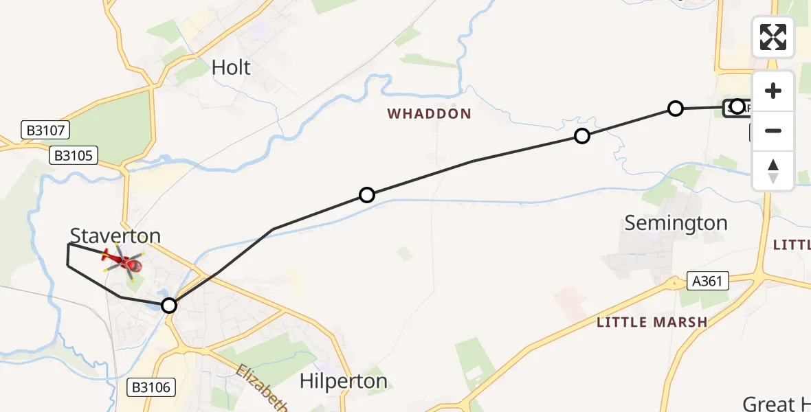 Flight path map showing Air Ambulance Helicopter route from Wiltshire Air Ambulance to Staverton