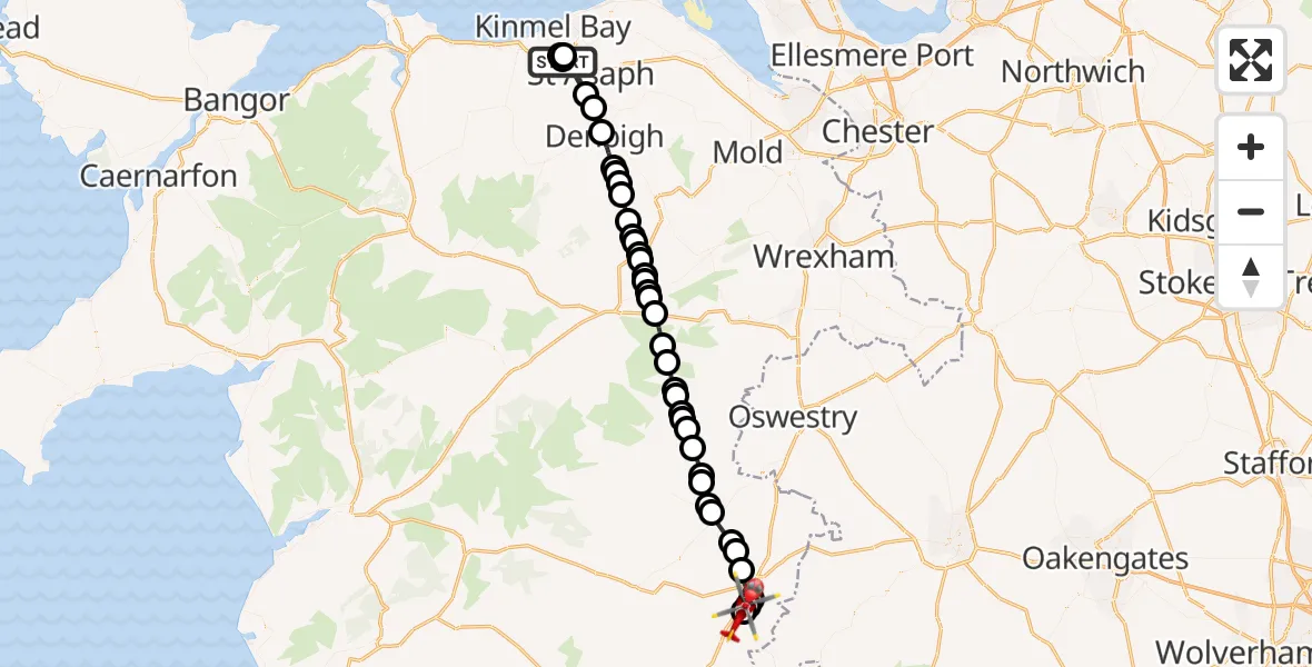 Flight path map showing Air Ambulance Helicopter route from Ysbyty Glan Clywd Hospital Heliport to Welshpool Airport