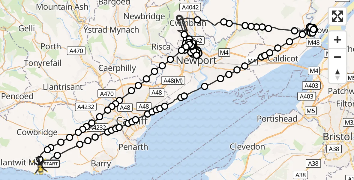 Flight path map showing Police Helicopter route from St Athan to MOD St Athan