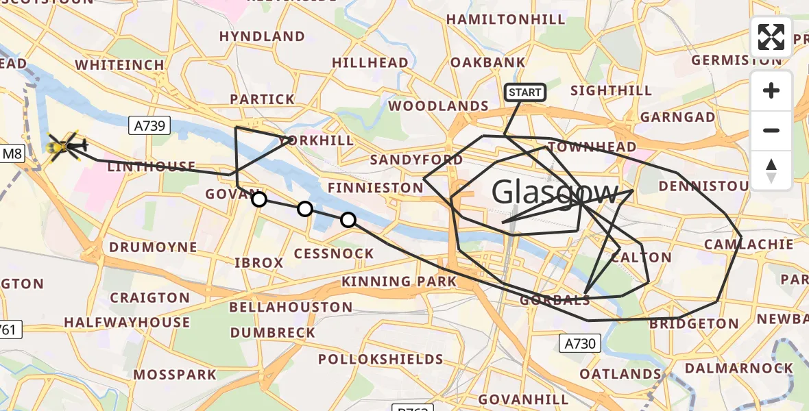 Flight path map showing Police Helicopter route from Glasgow to Glasgow