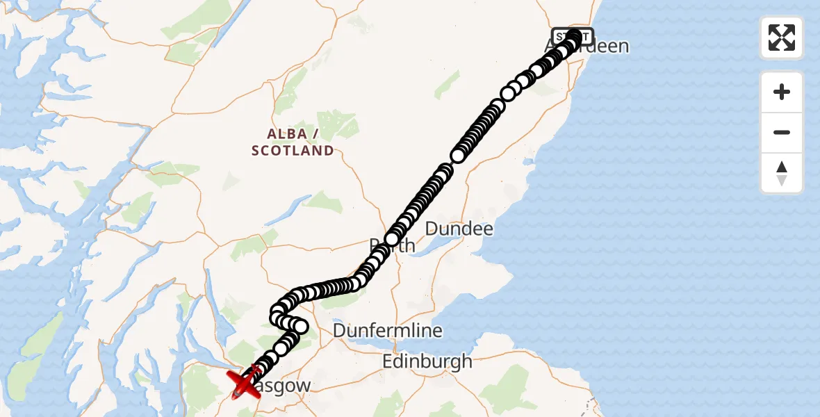 Flight path map showing Air Ambulance Aircraft route from Aberdeen International Airport to Glasgow Airport